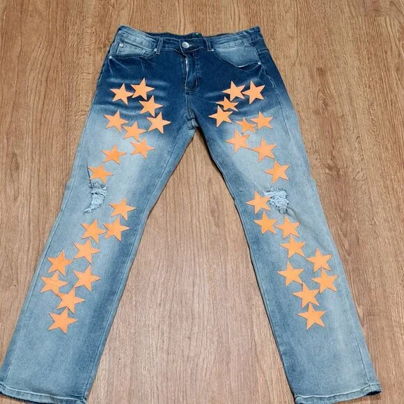 DD2 Faux Leather Orange Applique Star Distressed Denim Men's Size 30 - Picture 4 of 10